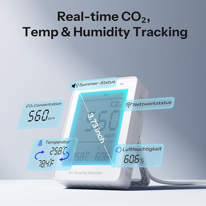 SONOFF AirGuard CO2, Smart Indoor Air Quality Monitor, Matter Compatible, 2.4GHz WiFi, Carbon Dioxide Detector for CO2/Temp/Humidity, Real-Time Display & Alarm, for Bedroom, Nusery Room