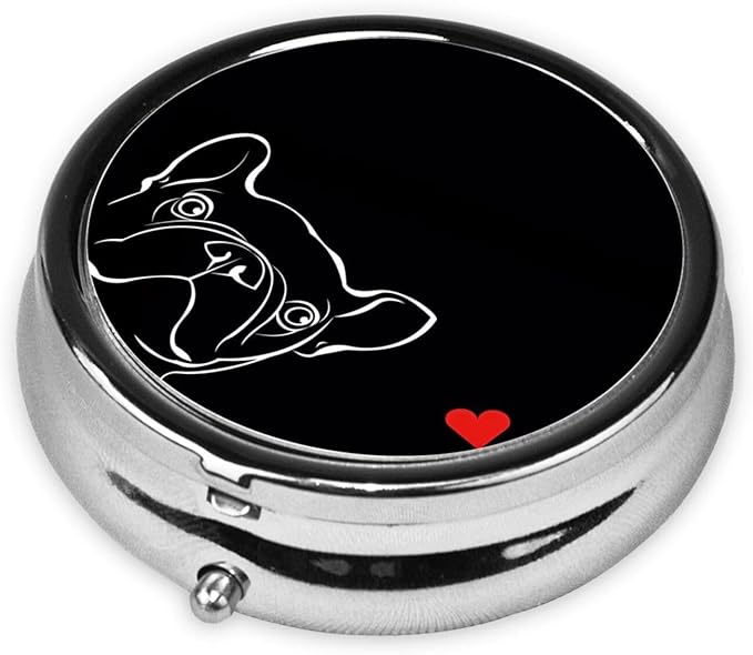 French Bulldog Dog Printed Round Travel Pill Box Cute Small Metal Pocket Pill Case for Men & Women 3 Compartment Portable Pill Organizer for Purse or Pocket