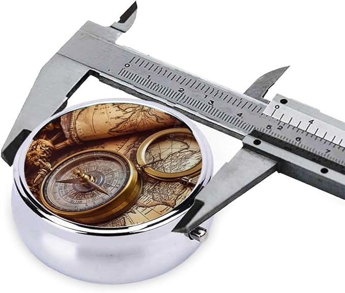 Compass and Old World Map Pill Box 3 Compartment Small Pill Case for Purse & Pocket Decorative Metal Medicine Case Travel Pillbox Round Pill Organizer Vitamin Container Unique Gift