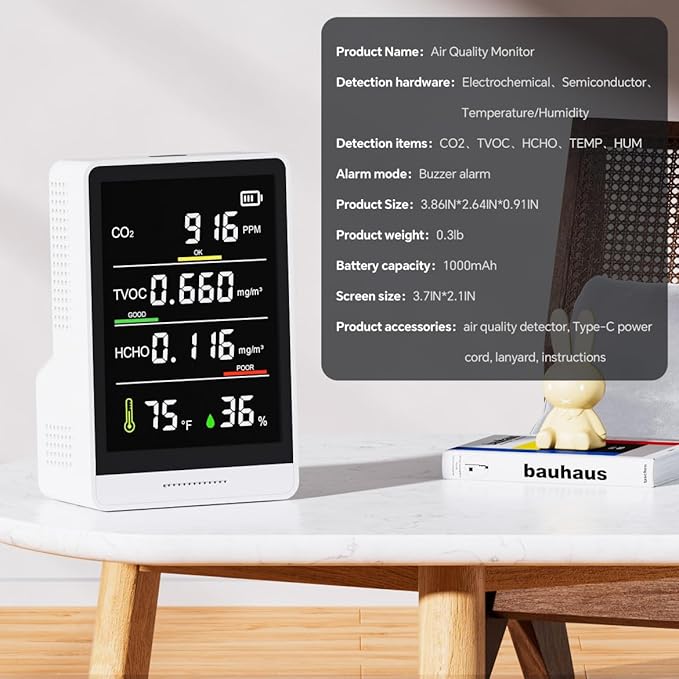 5-in-1 Professional Indoor Air Quality Monitor Indoor Portable CO2 Monitor | Temperature | Formaldehyde Detector | Humidity TVOC | Air Quality Tester - Confined Space Clean Air Monitor (White)