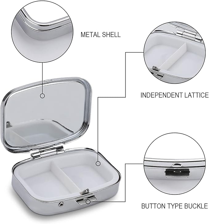 Metal 2 Compartment Pill Organizer Travel Friendly Portable Compact Pill Box Cute Pill Case,for Pocket Wallets Daily Portable Medicine Vitamin Tablet Storage (The Dark Moon and The Sun)