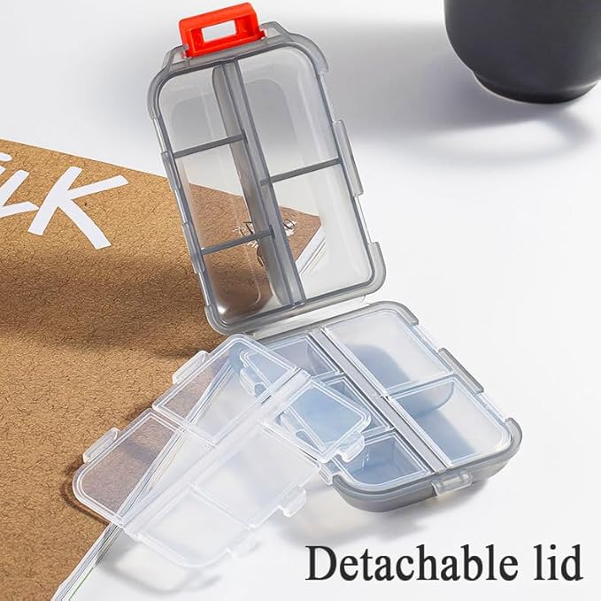 Weekly Travel Pill Organizer Box, 10 Compartments Small Fold Medicine Case Holder, Daily AM PM Morning Night Pocket Travel Capsule Dispenser for Vitamin, Fish Oil, Supplement, Tablet, Grey