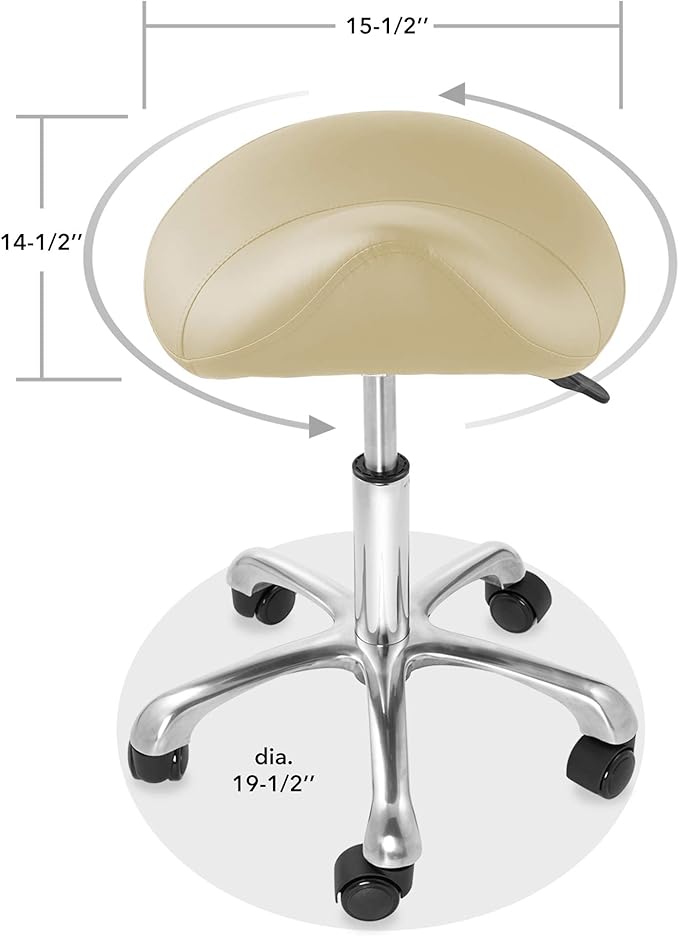 Saloniture Professional Ergonomic Saddle Stool, Cream - Adjustable Hydraulic Seat, Rolling Spa Salon, Massage, and Medical Office Chair with Swivel Wheels