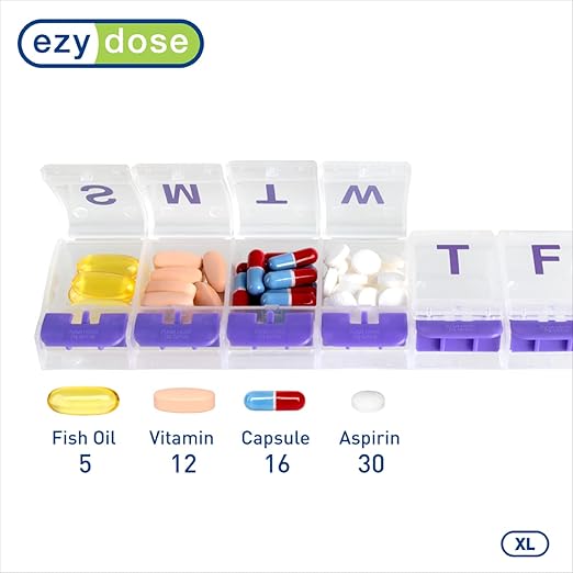 EZY DOSE Weekly (7-Day) Pill Case, Medicine Planner, Daily Vitamin Organizer Box, X-Large Push-Button Compartments, Convenient and Easy to Use, Arthritis Friendly, Clear Lids, Color May Vary, BPA Free
