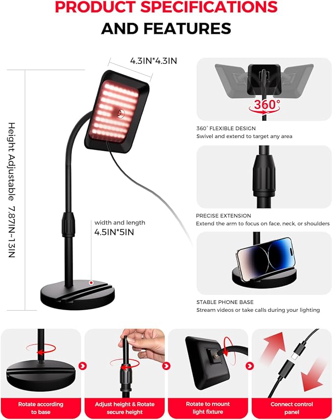 SJZX Red Light Therapy for Face Body, 360° Adjustable Infrared Light Therapy Lamp with 660nm 730nm 850nm LED Red Lights Panel Device, Home use with Goggles & Phone Stand, Ideal Gift for Women Mom Wife
