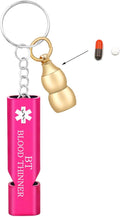 Emergency Whistle Brass Gourd Keychain – Waterproof Portable Pill Storage Case with Blood Thinner Info – for Daily Wear and Sports, Featuring Rose Red Whistle