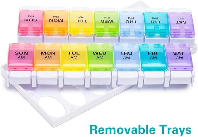 Sukuos AM PM Weekly Pill Organizer 2 Times A Day 2pcs, 7 Day Pill Box with Easy Push Button, BPA Free Medicine Case Vitamin Holder for Fish Oil/Supplements (Rainbow)