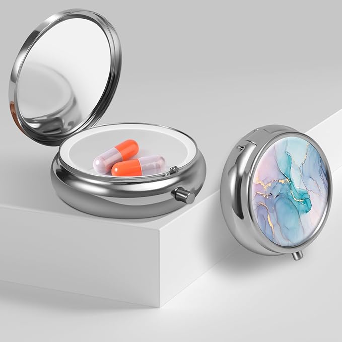 Mini Pill Box, Small Pill Box, Portable Pill Box, Cute Pill Organizer for Vitamins, Medications, Fish Oil and Supplements (Blue Marble)