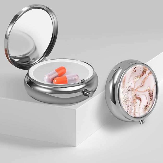 Mini Pill Box, Small Pill Box, Portable Pill Box, Cute Pill Organizer for Vitamins, Medications, Fish Oil and Supplements (Golden Marble)
