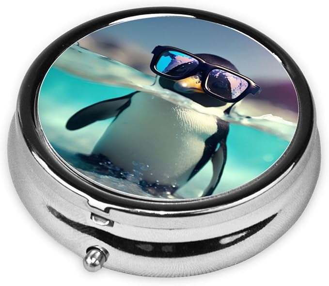 Cute Penguin Glasses Pill Box 3 Compartment Pill Case, Portable Medicine Pill Organizer for Pocket Purse Pill Box Decorative Metal Medicine Vitamin Organizer
