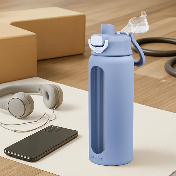 Glass Water Bottle with Silicone Sleeve 24oz with Lid, Motivational Time Marker, Drinking Hydration Glass Bottles for Men Women, Gym Travel Sports (Blue)