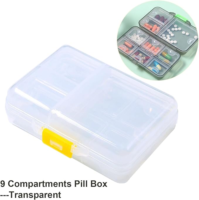 Large Travel Pill Organizer Box, Daily Medicine Dispenser, 9 Compartment Weekly Supplement Holder Pill Reminder, Double Seal Portable Vitamin Fish Oil Capsule Container, Transparent