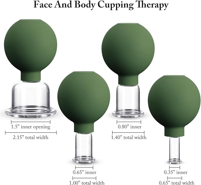 BBTO 4 Pcs Glass Facial Cupping Set Silicone Vacuum Suction Massage Cups Skin Tightening Therapy for Face Body Eyes Back Shoulder Pain(Military Green)