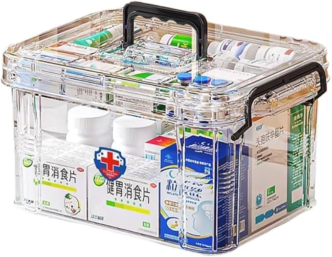 Medicine Storage Box, Pill Bottle Organizer, Transparent Med Organizer, Double Compartment, Large Capacity