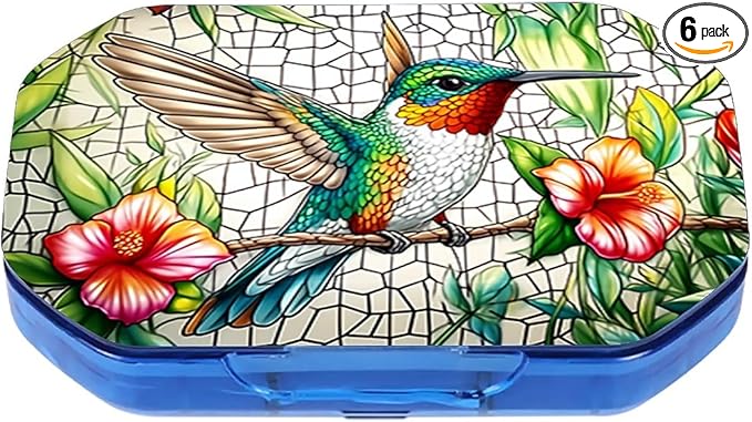 This Portable Flower Hummingbird Pattern 6 Compartment Pill Box Compartmentalized Pill Box Can Be Placed in A Pocket Or Wallet to Store Vitamins, Medicines Health Supplements Other Medications.