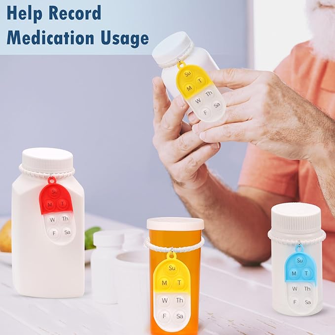 12 Pack Medication Pill Tracker Pill Reminder with Ties Reusable Daily Pill Tracker Portable Pill Bottle Tracker with Button 7 Day Memory Aid Medication Dose for Bottles The Elderly (12)