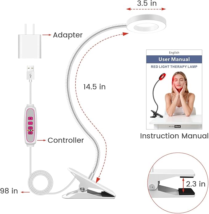 Red Light Therapy for Face and Body Use, 660nm Red and 850nm Near Infrared Red Light Therapy Lamp with Clip and Angle Adjustable, Small and Portable, Suitable for Home or Travel Use, White