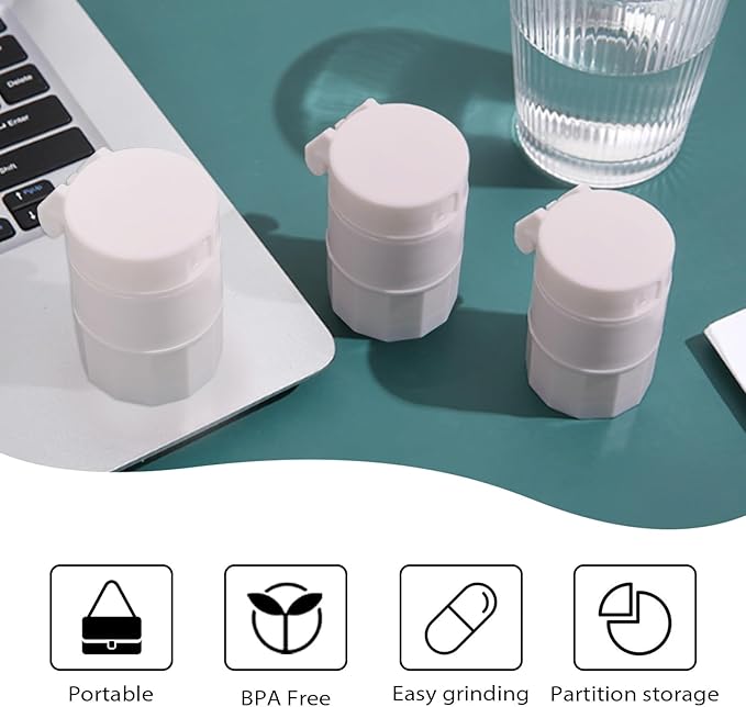 INVODA 3-in-1 Pill Crusher & Cutter with Built-in Storage – Compact Pill Organizer for Vitamins, Tablets & Medications – Durable Stainless-Steel Blade, BPA-Free, Travel-Friendly Design