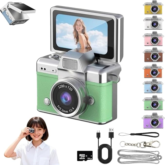 Mini Keychain Digital Camera Retro Mini Digital Video Camera Small bodycam 1080P FHD Recording with 0.96" IPS Screen with 6 Retro Filters AVI Format-Ideal for Phone Transfer (Green, 128G)