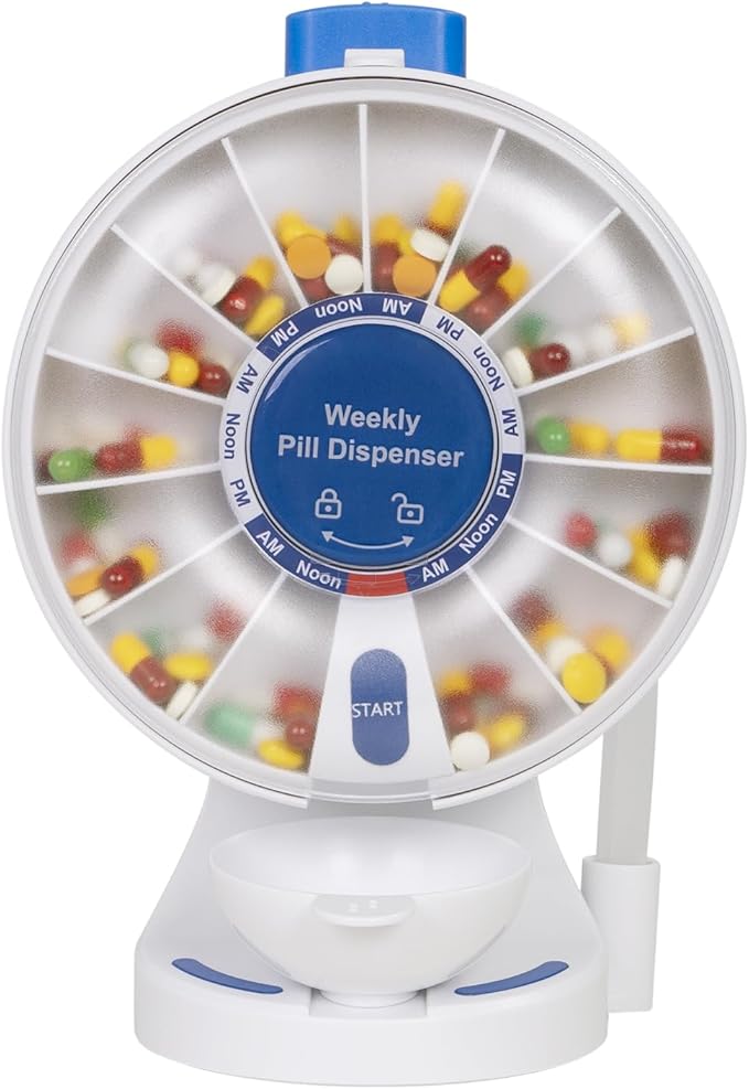 EziMedPil Pill Dispenser Daily, 14 Days Large Pill Organizer with One-Press Button, Standing Use or Wall-Mounted or Glass-Sticking Pill Container w/Med Cup, Weekly Pill Box for Vitamin,Medicine (Blue)