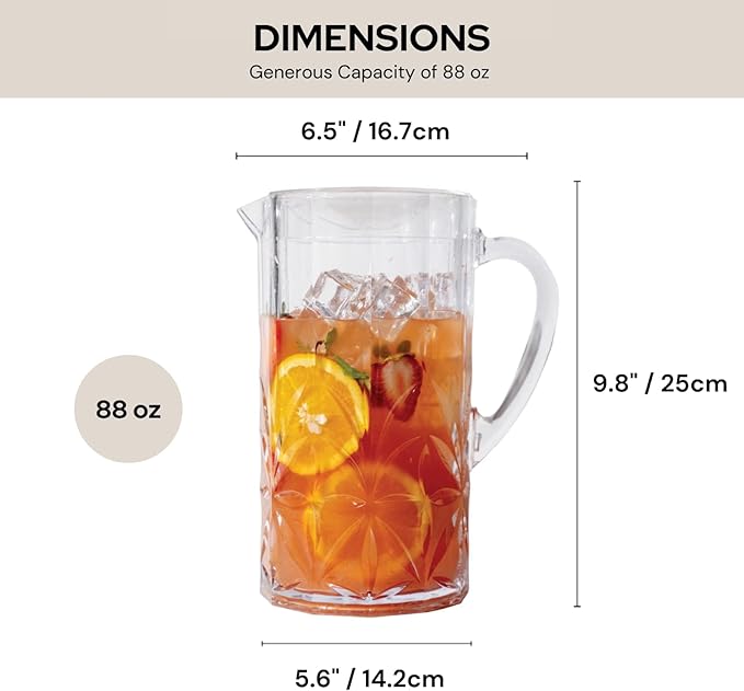 BELLAFORTE Shatterproof Tritan Plastic Water Pitcher with Lid, Myrtle Beach 88oz Unbreakable Drinking Jug for Orange Juice, Iced Tea & Water - Dishwasher Safe - BPA Free - Clear