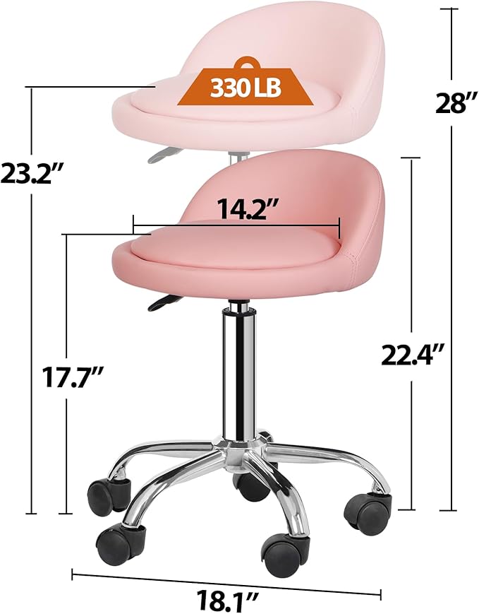 HomGarden Adjustable Hydraulic Rolling Swivel Stool for Massage Salon Office Facial Spa Medical Tattoo Chair Stool w/Backrest Cushion & Wheels (Pink)