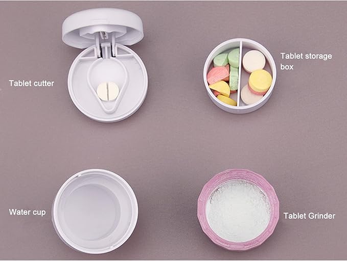 4 in 1 Tablet Crusher Cutter Splitter Grinder, Multifunctional Pill Breaker Slicer Chopper Divider, Travel Pill Cutter with Cup, 4 Layers Stainless Steel Blade Portable Drug Box Container