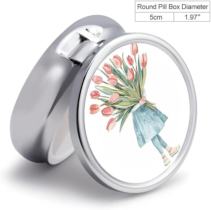 A Big Bouquet of Tulips Pill Box Travel Pill Case for Purse Pocket Weekly Medicine Organizer with Mirror 3 Compartment Round Medicine Case Portable PillcaseHolder for Daily