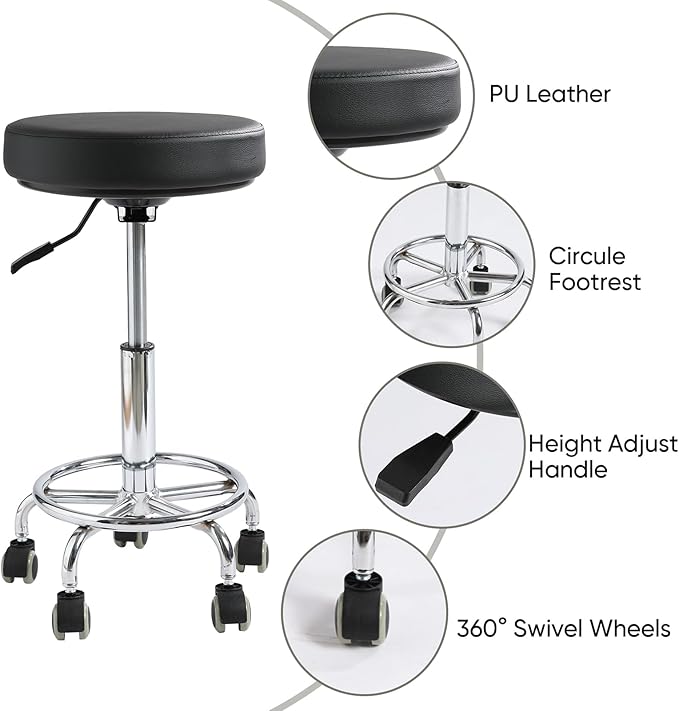 Adjustable Rolling Stool with Wheels - Ergonomic Salon & Tattoo Artist Chair, Office Stool with Comfortable PU Leather Seat,Black
