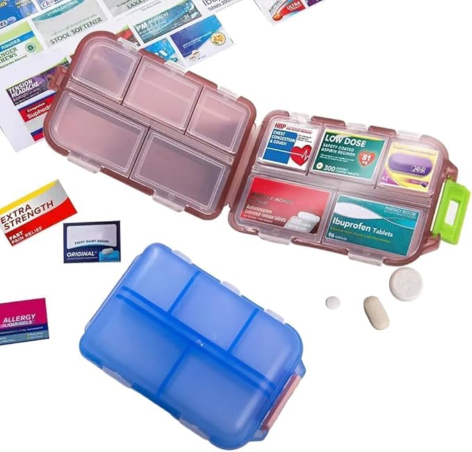 Pill Organizer with Medicine Labels Travel Daily Pill Container Mini Medication Organizer Storage Pill Organizer Travel Essentials Pill Case 7 Day (Blue & 161 Lables)