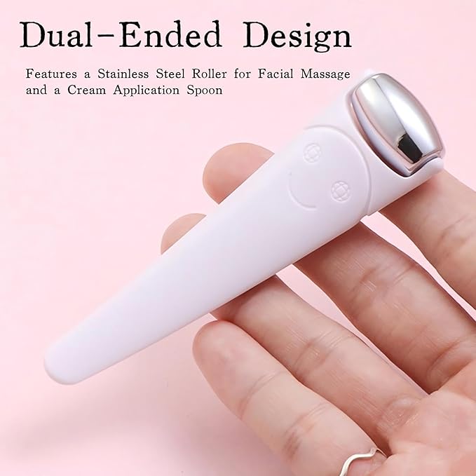 Mini Ice Roller for Face and Eyes, Portable Stainless Steel Facial Massage Tool with Cream Spoon for Travel, Dark Circles and Puffiness Relief, White