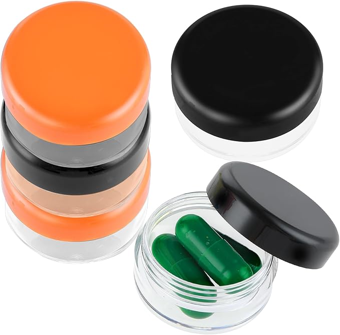 5 Pcs Small Pill Organizer Box Travel Pill Case Holder Portable Daily Mini Pills Container BPA Free Medication Storage Container for Purse Pocket Briefcase (Black, Orange)