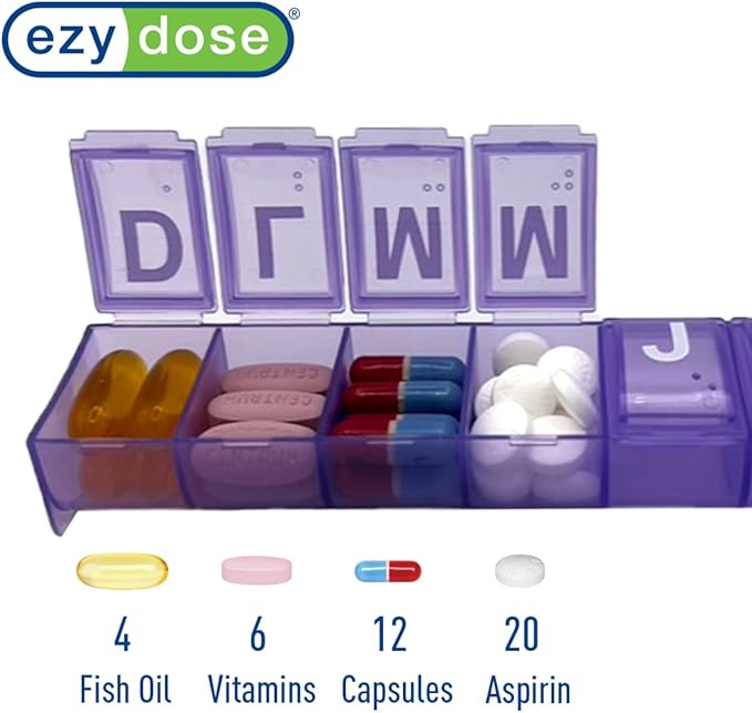 EZY DOSE Weekly (7-Day) Pill Organizer, Vitamin Planner and Medicine Box, Large Contoured Compartments for Easy Pill Removal, Color May Vary, Spanish Imprints