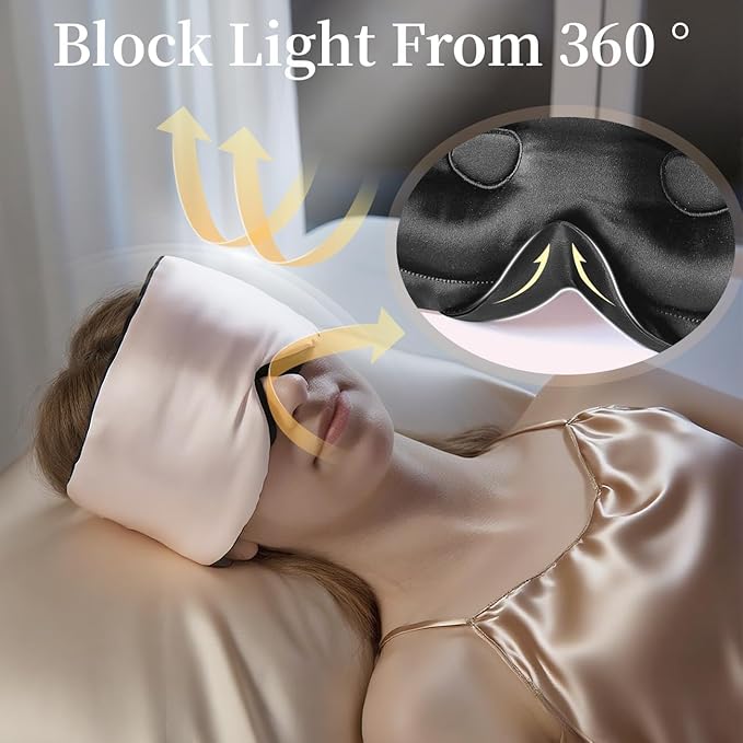 USlixury Silk Sleep Mask, 3D Contoured Sleeping Masks, Blackout Sleep Masks for Women with Nose Wing,100% Mulberry Silk, Face-Hugging Non-Slip SLEP Mask for Side Sleeper, 27.5x4.5'', Peach