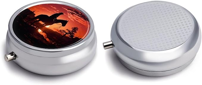 Round Metal Pill Box,Cowboy West Printed Travel Pill Organizer Portable Pill Container Small Pill Box for Purse and Pocket for Storing Vitamins, Medicines and Supplements