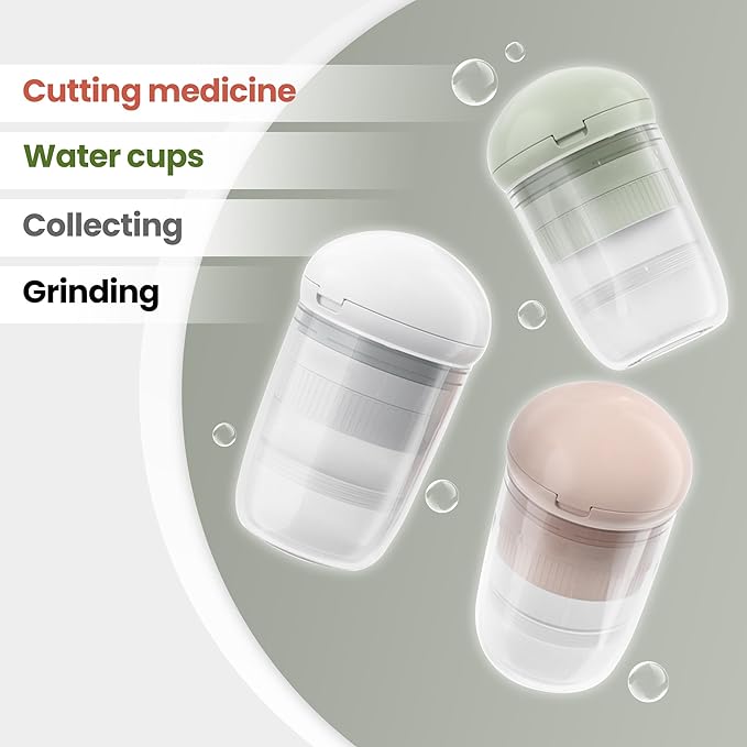 Multifunctional Pill Box, 4-in-1 Pill Organizer with Pill Cutter, Crusher & Water Cup, Compact Pill Case for On-the-Go Use (White)