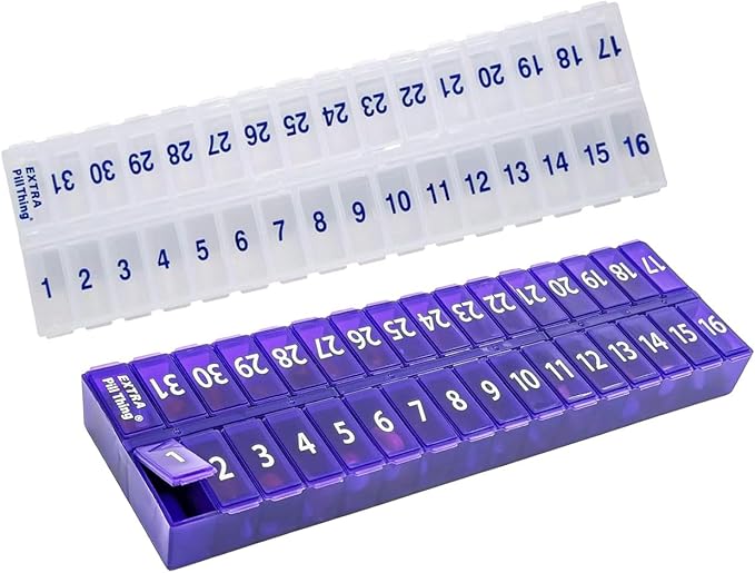 AM/PM 31 Day Once-a Day Monthly Pill Planner Organizers - Large Compartment Pill Boxes Store Medications for Entire Month Plus Compartment for Extra Pills (AM/PM Clear & Purple)