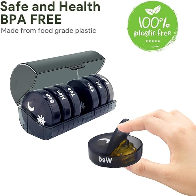 Weekly Pill Organizer 2 Times a Day，Pill Cases Organizers 7 Day，Round Mini Travelling Moisture Resistant 14 Compartment, Pill Box to Organize Pills/Vitamins/Fish Oil/Health Supplements(Black)