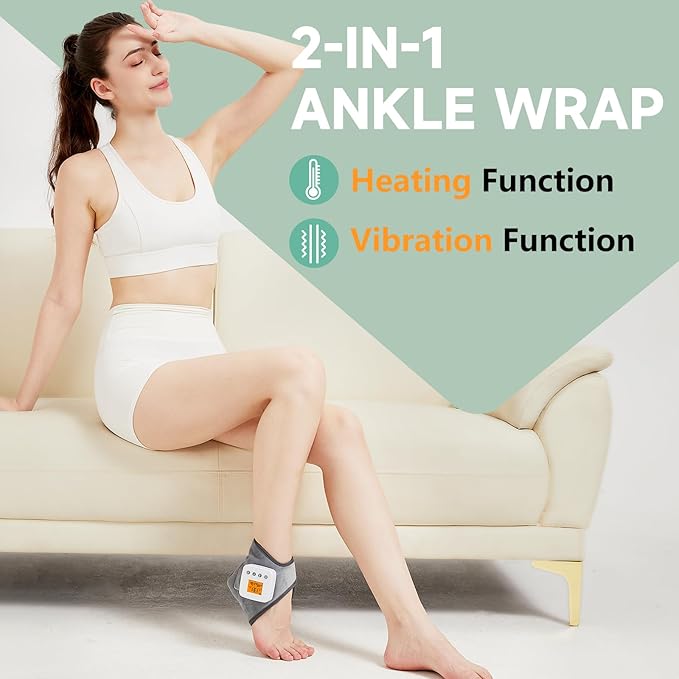 Rechargeable Cordless Ankle Massager with Heat, Heated Foot Massager for Plantar Fasciitis & Achilles Tendinitis Pain Relief, 3 Vibration & Heat Modes, Auto Shut-Off
