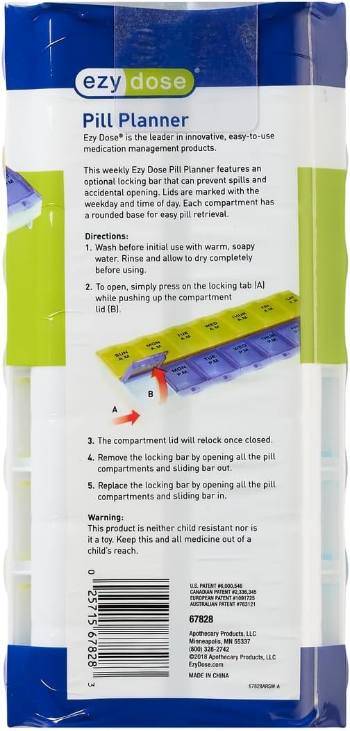EZY DOSE Pill Organizer Weekly AM/PM (7-Day), Medicine Planner, Vitamin Case/Box, 2X-Large Locking Compartments to Secure Prescription and Prevent Accidental Spilling, Blue and Purple, BPA Free