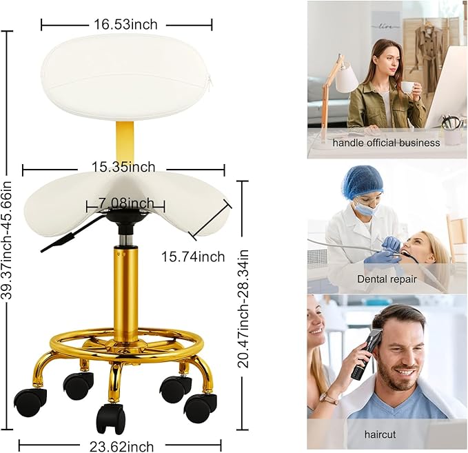 Saddle Stool with Back Support Ergonomic Saddle Chair with Wheels Hydraulic Stool Rolling Soft Cushion for Tattoo Salon Shop Spa Home White