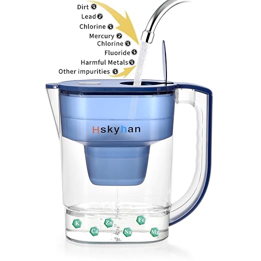 Hskyhan Water Filter Pitcher - 3.8 Liters, 2 Long Lasting Filters Included, Replacement Cartridge Timer, 7 Stage Filtration, Reduces Lead, Fluoride, Chlorine and More, Blue