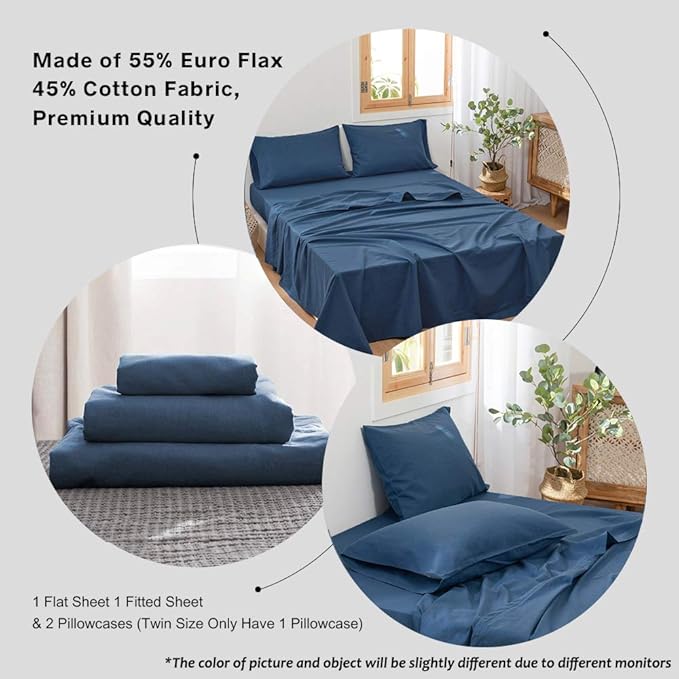 Simple&Opulence Belgian Linen Sheet Set Solid Color - 4 Pieces (1 Flat Sheet, 1 Fitted Sheet & 2 Pillowcases) Natural Flax Cotton Blend Soft Breathable Farmhouse Bedding - Full Size, Classic Blue