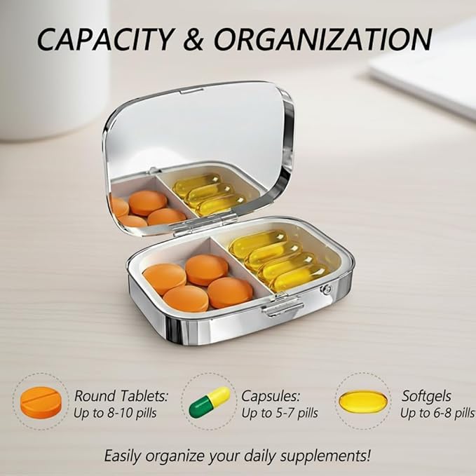 Hummingbird Pill Box 2 Compartment Small Pill Case,Portable for Pocket or Purse Pill Organizer Pill Container Holder with Mirror to Hold Vitamins, Medication, Fish Oil and Supplements