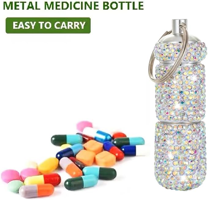Bling Pill Case Portable Travel Pill Container Bottle Rhinestone Waterproof Small Pill Holder with Keychain Cute Mini Pill Storage Box (ab Colorful)
