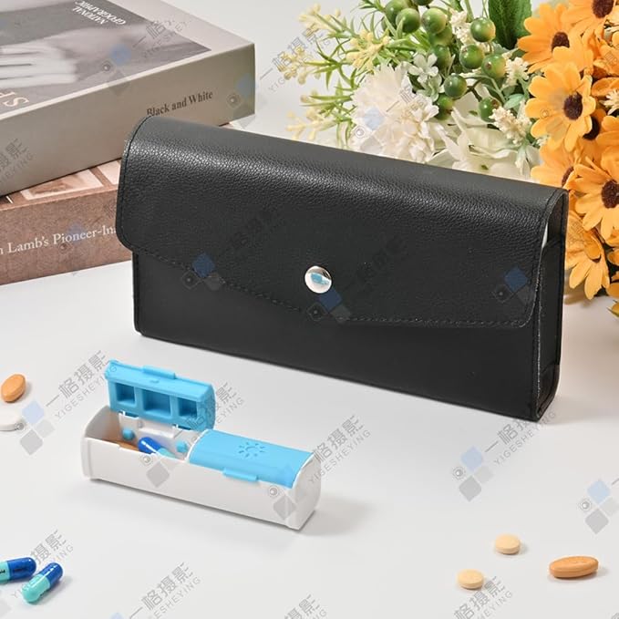 Weekly Pill Organizer, 7-Day Medicine Box, 2-3-4 Times Daily, Black Leather Travel Case (2 Compartment)