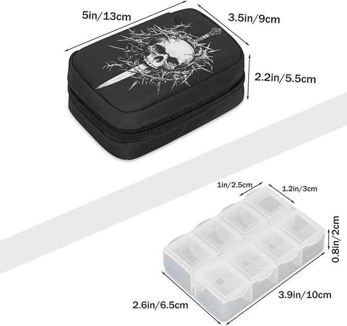 White Skull Art Pill Case Travel Pill Organizer Weekly 7 Day Portable with Zipper Medicine Box Pill Case for Vitamins, Birth Control,Fish Oils,Medication, Supplements