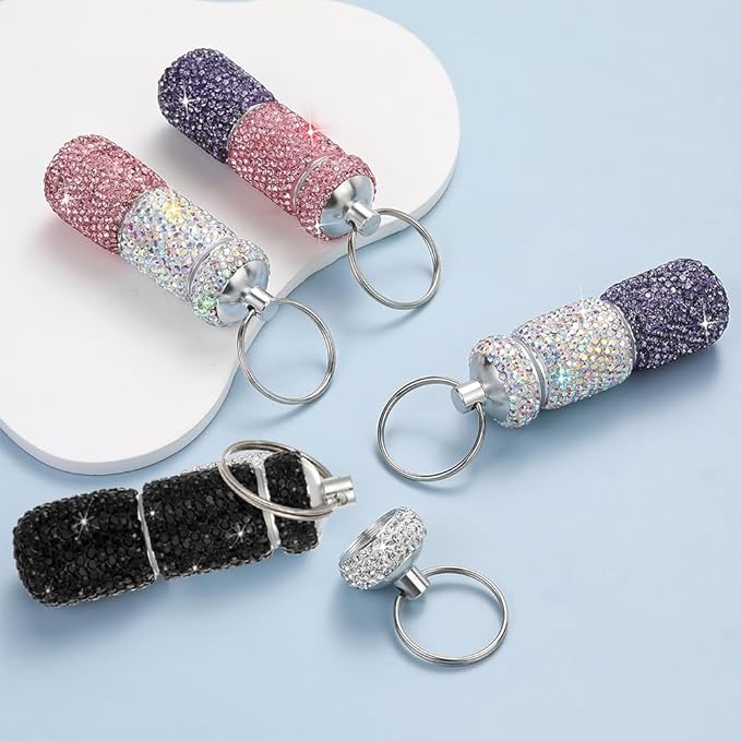 Bling Pill Case Portable Travel Pill Container Bottle Rhinestone Waterproof Small Pill Holder with Keychain Cute Mini Pill Storage Box (Black)