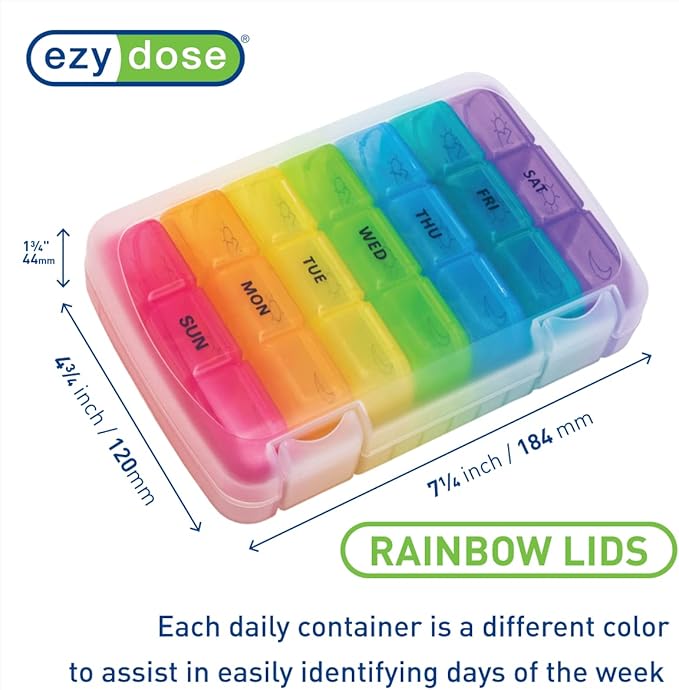 EZY DOSE Weekly (7-Day) Daily Medtime Pill Organizer Case, Vitamin Planner and Medicine Container, Removable Large Pop-Out Individual Compartments, 3 Times a Day, Travel Friendly, Rainbow, BPA Free