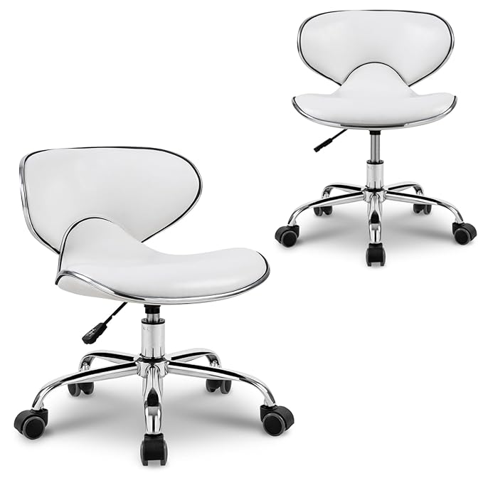 Paddie Pedicure Stools for Nail Tech Set of 2, Salon Spa Stool Back Support Short Height Adjustable Hydraulic Swivel Chair, Perfect for Massage/Tattoo/Esthetician/Shop, White